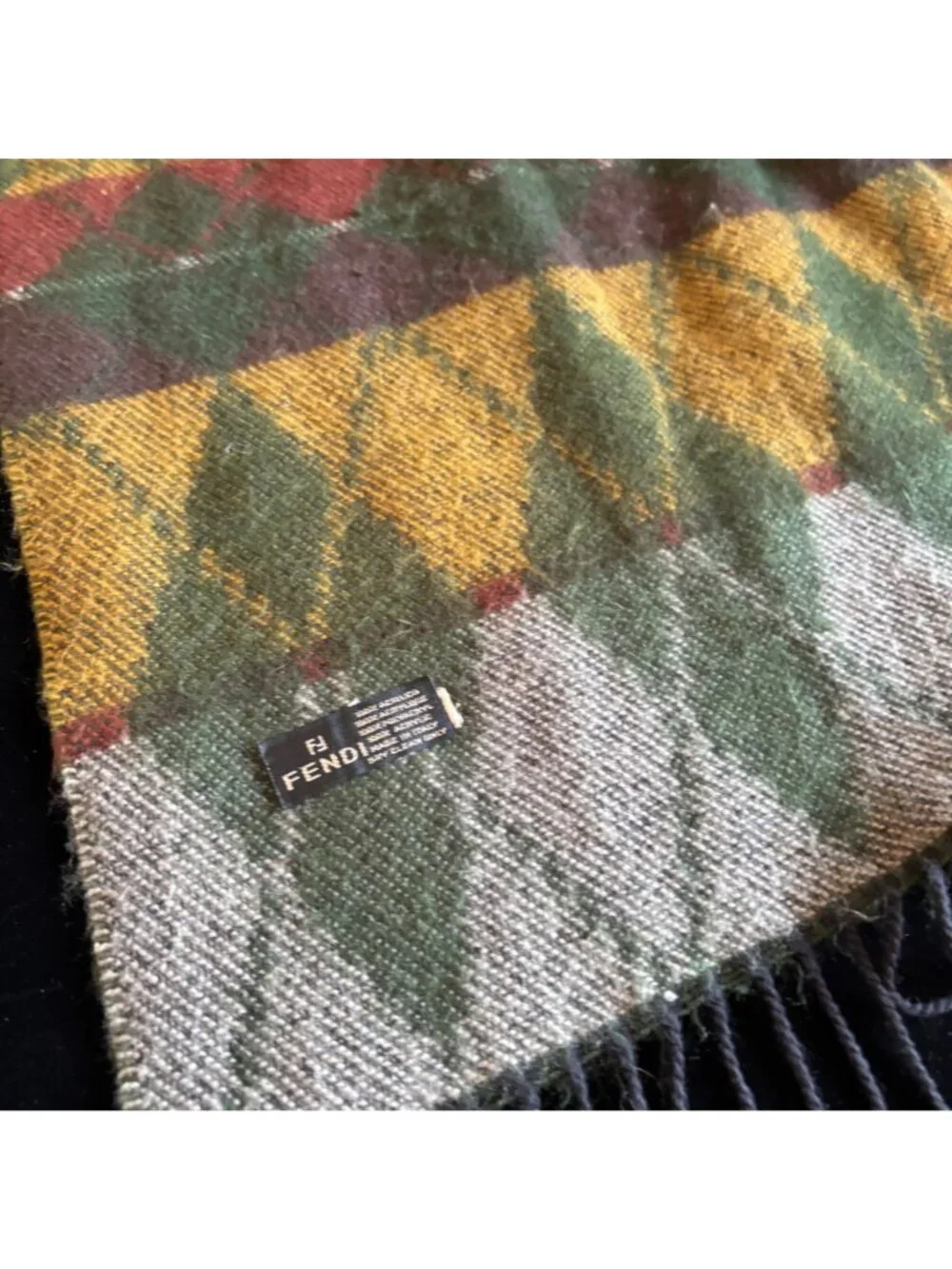 Vintage Scarf Fendi Italy Wool Green Yellow Argyle Plaid Designer Fringe Warm